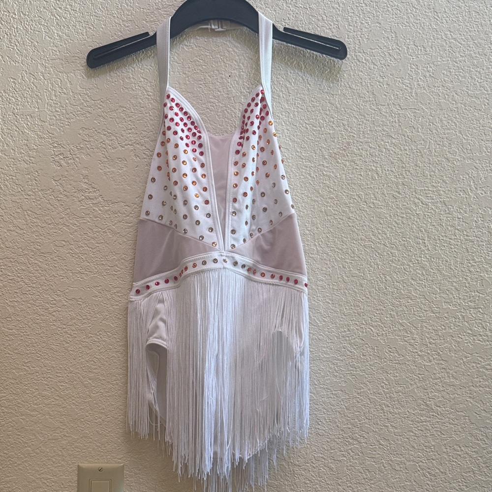 White Kids Dance Costume with Fringe and Stones